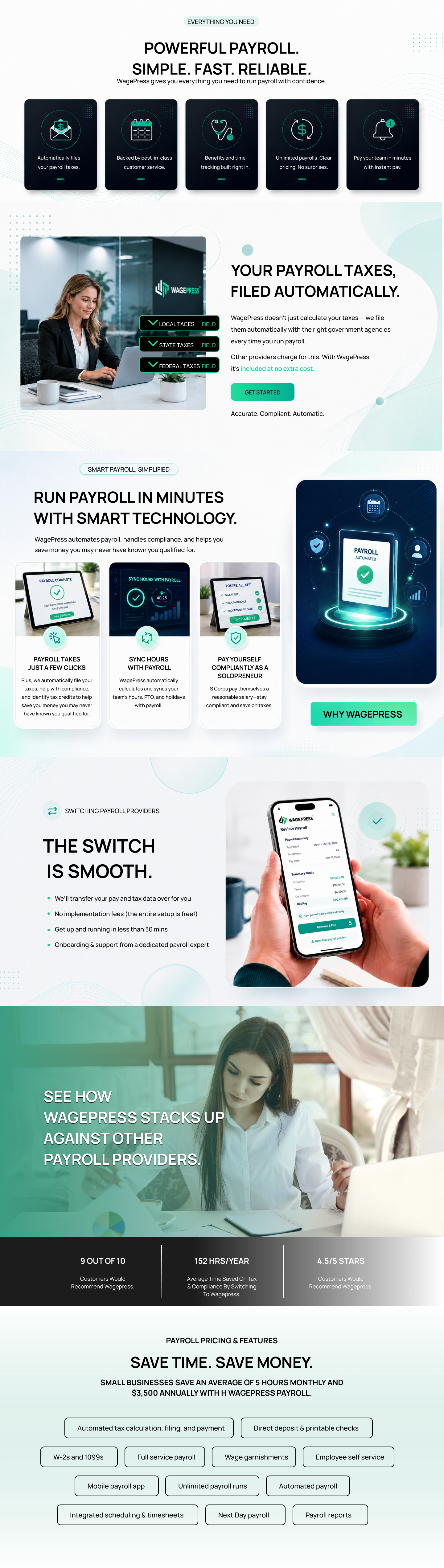 Powerful payroll — simple, fast, reliable. Your payroll taxes filed automatically. Run payroll in minutes with smart technology. The switch is smooth. See how WagePress stacks up against other payroll providers. Payroll pricing and features.