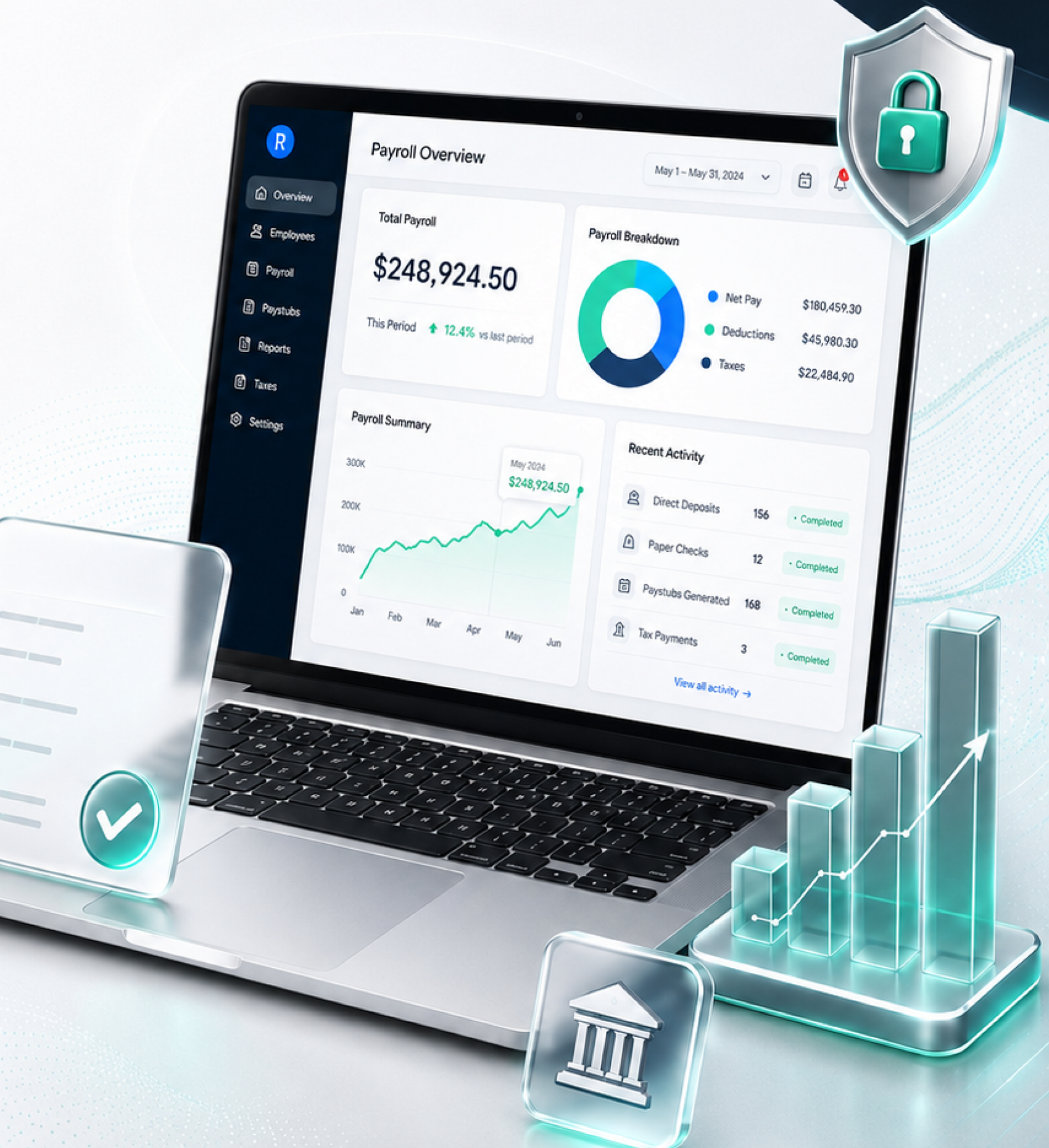 WagePress payroll dashboard on a laptop